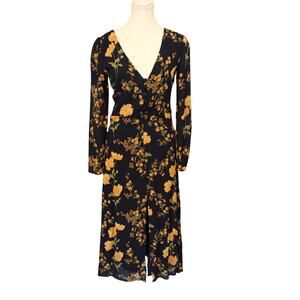 Reformation Navy Blue Yellow Floral Long Sleeve Orchard Midi Dress Size 4 Read